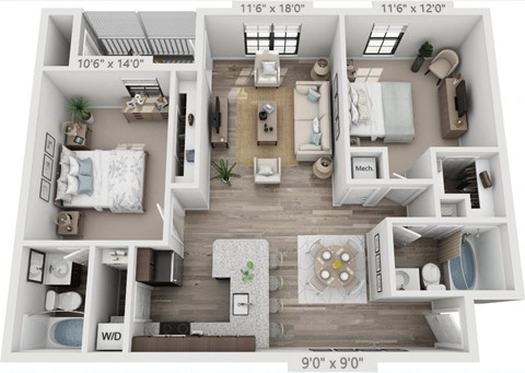 Floor plan for 2 beds, 2 baths, 954 sqft